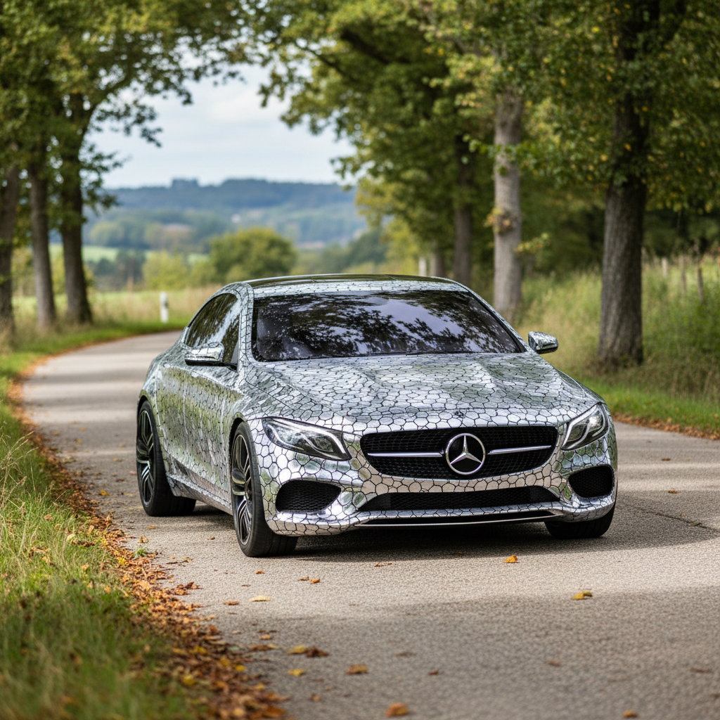 Mercedes invisível — Visão lateral de um Mercedes "invisível" F-Cell, exibindo a tecnologia de LEDs que criava a ilusão de tr