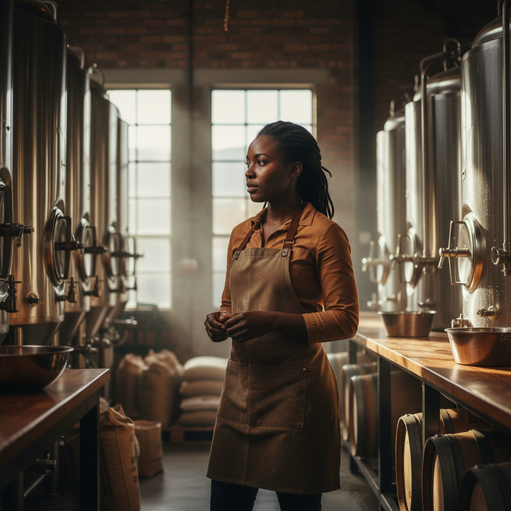 Mulher moderna em cervejaria artesanal na África do Sul, simbolizando as mulheres na história da cerveja e empreendedorismo feminino.