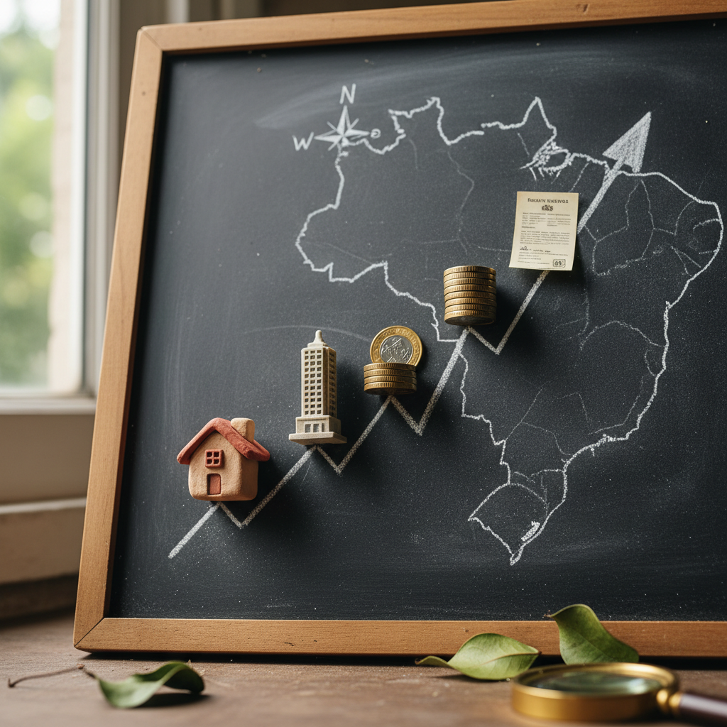 nova fase fundos imobiliários — Gráfico financeiro com símbolos de imóveis e crescimento, representando a nova fase dos fundo