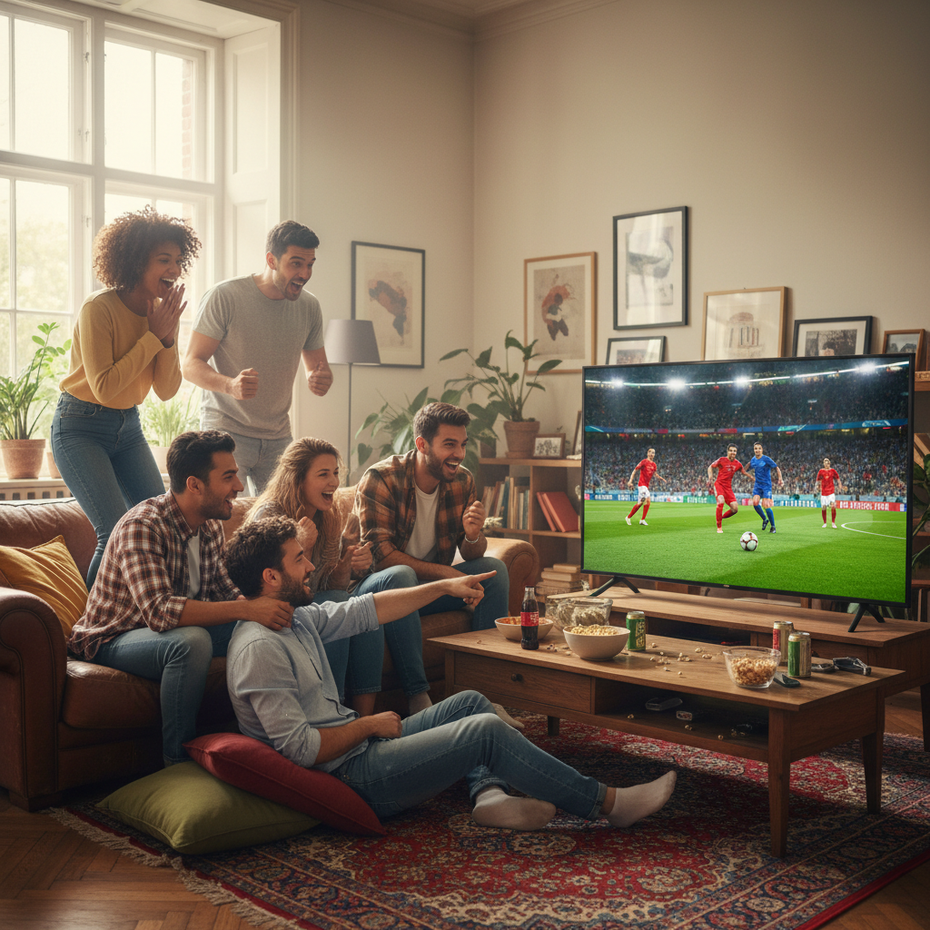 Copa do Mundo em 4K — Torcedores assistindo a um jogo da Copa do Mundo em uma televisão 4K de alta definição, com cores vibra