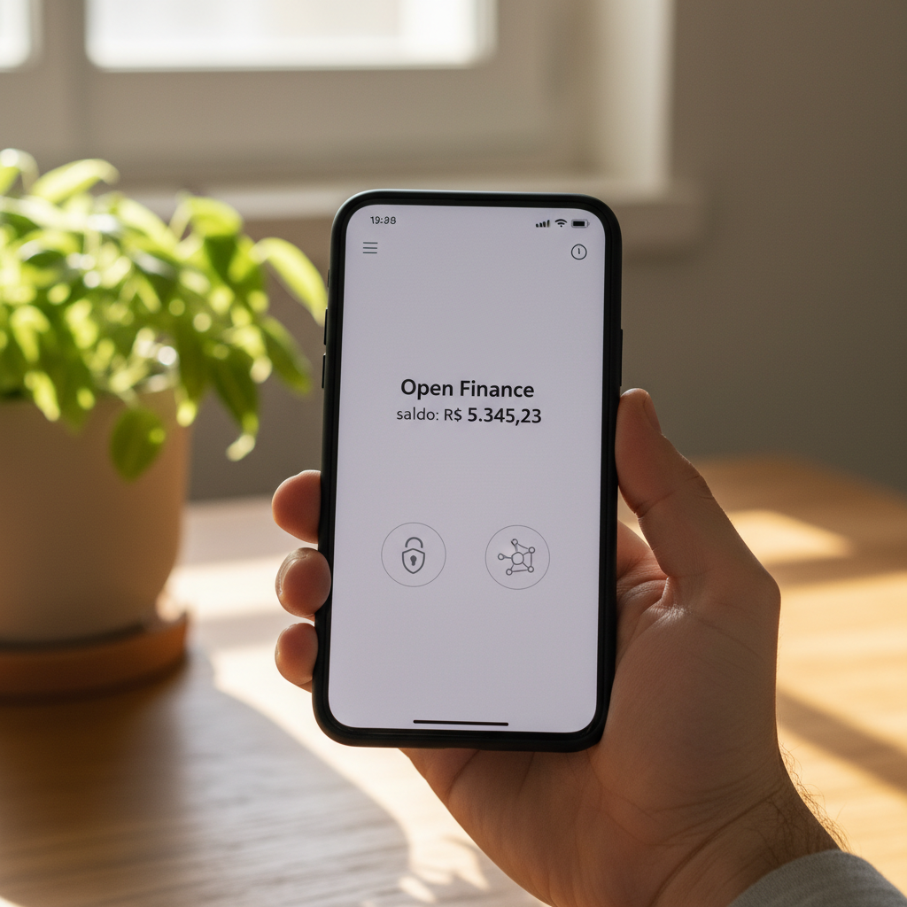 Representação de um smartphone exibindo o Open Finance saldo de uma conta bancária durante uma transação digital, com ícones de segurança e conectividade ao fundo.