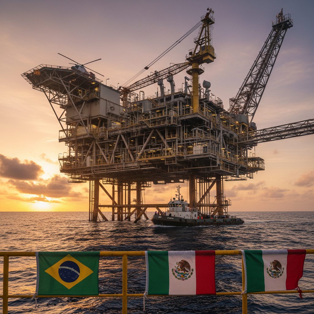 Plataforma de petróleo em águas profundas, simbolizando a Petrobras Pemex cooperação e a exploração de novas fronteiras energéticas no México.