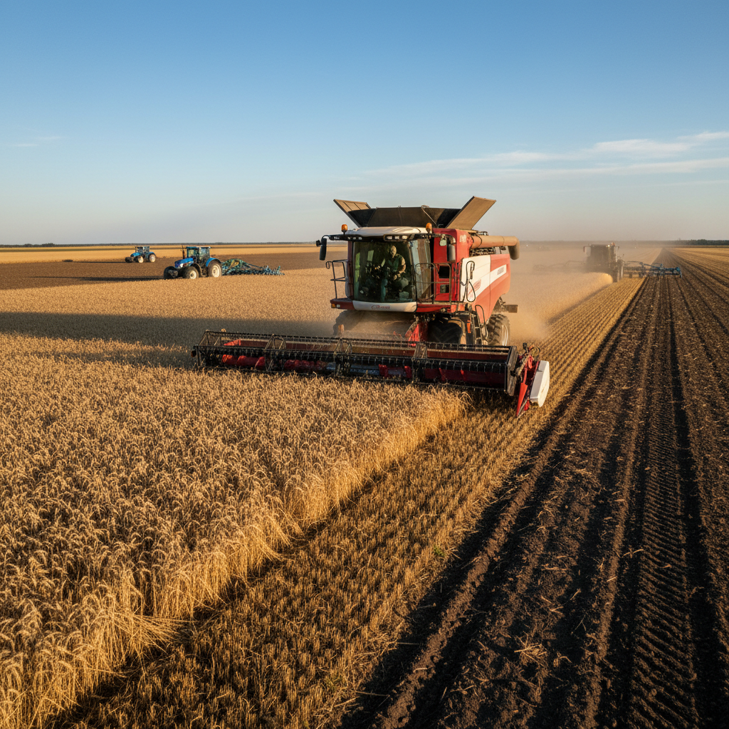Máquina agrícola moderna operando em vasto campo, simbolizando os investimentos e inovações trazidos pelo Plano Safra 2026/27 para o agronegócio.