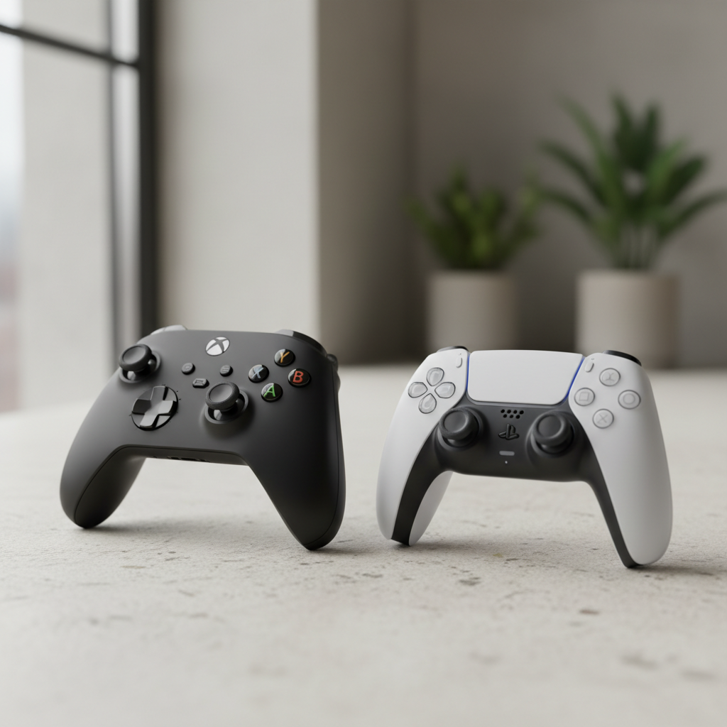 pré-vendas GTA 6 Xbox — Controle de Xbox Series X e PlayStation 5 lado a lado, simbolizando a competição de mercado e as pré-