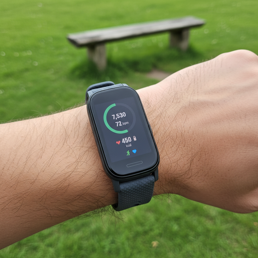 Samsung Galaxy Fit 3 em um pulso, mostrando a tela AMOLED com dados de monitoramento fitness, destacando a acessibilidade do Galaxy Fit 3.