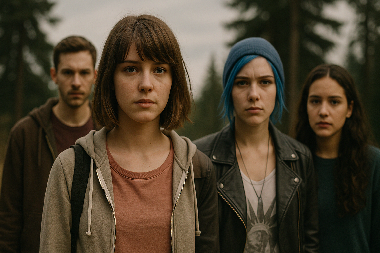 Imagem promocional da série Life is Strange, com personagens e atores do elenco principal da adaptação do Prime Video.