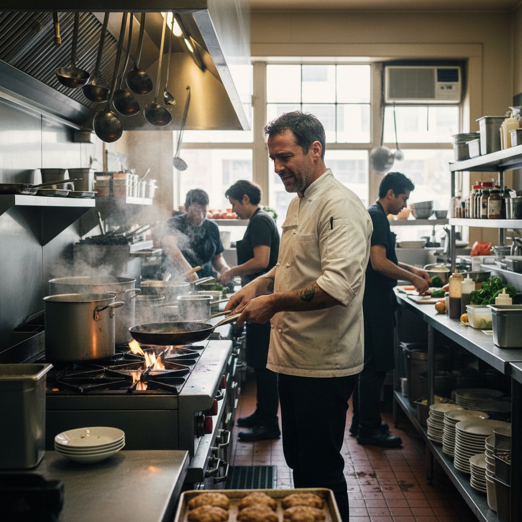 Jeremy Allen White como Carmy, o chef protagonista da série O Urso, em uma cozinha caótica de restaurante.