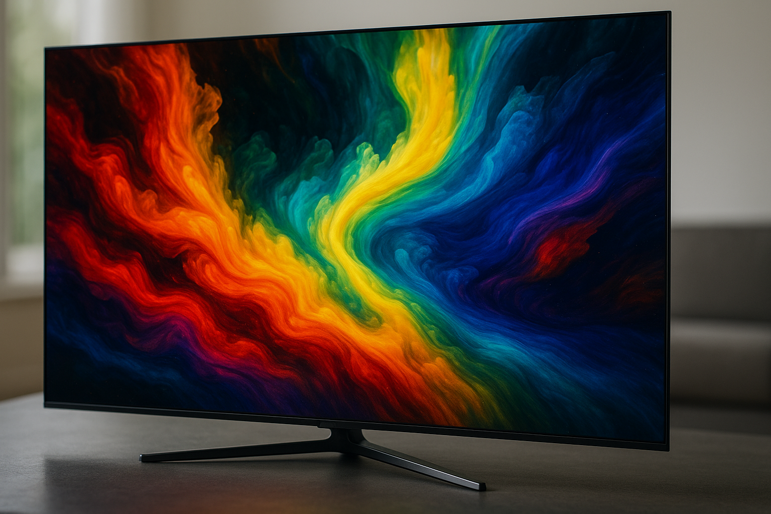 Smart TV TCL QD-Mini LED de 65 polegadas exibindo uma imagem vibrante em 4K, destacando a qualidade de imagem e o design moderno da TV.