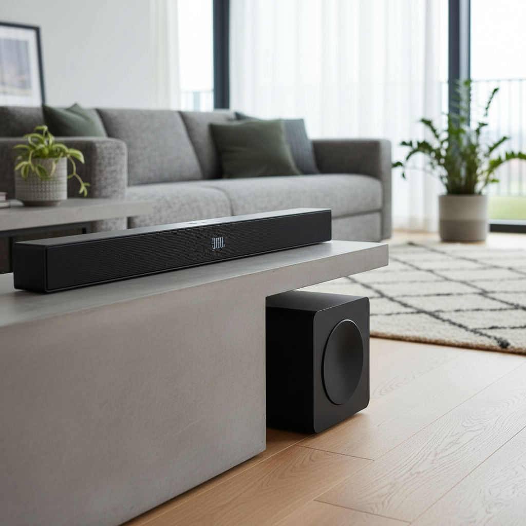 Soundbar JBL SB180 preta com subwoofer sem fio em um ambiente de sala de estar moderno, destacando a elegância e a tecnologia de áudio.