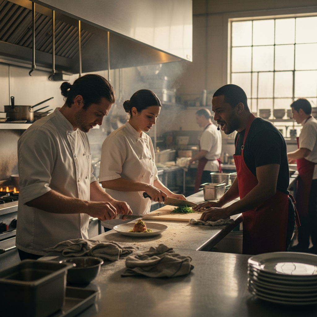 Carmy, Sydney e Richie em cena de cozinha intensa, refletindo a pressão da temporada final O Urso.