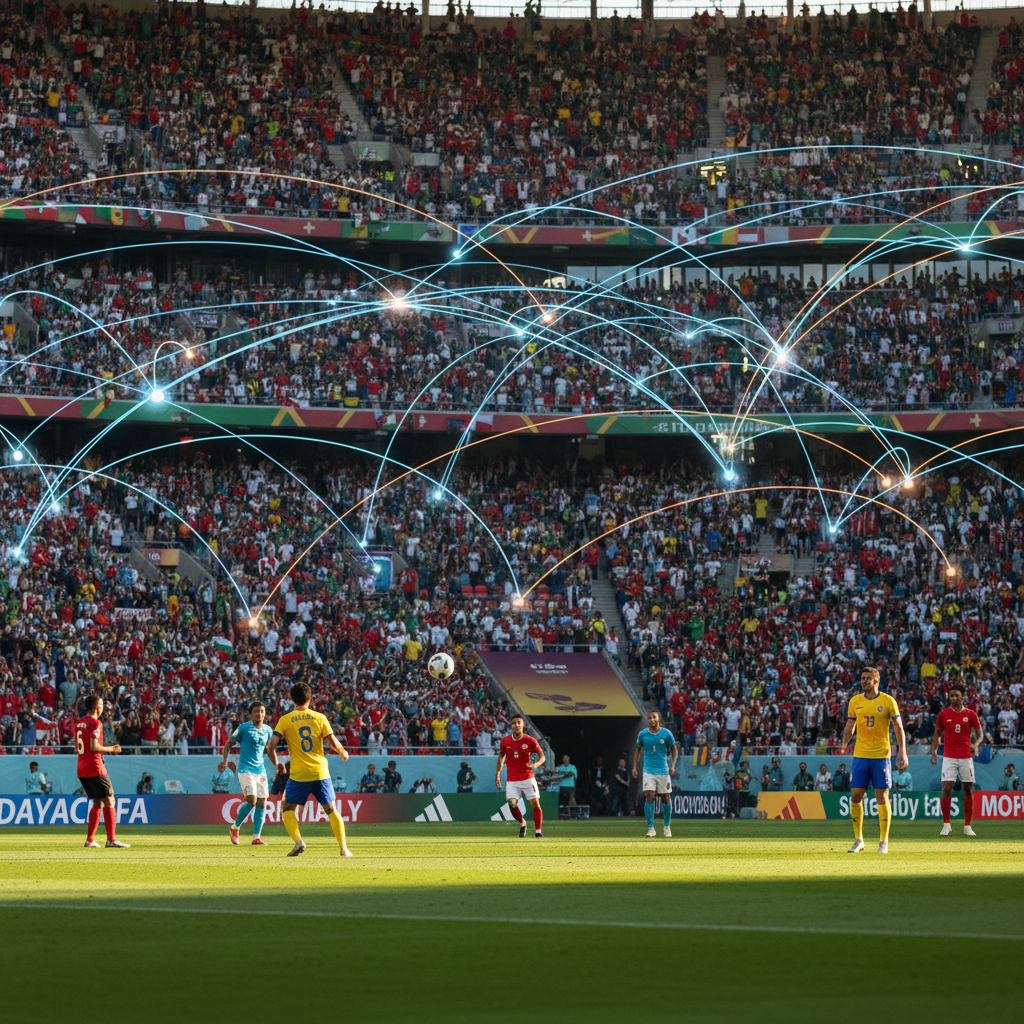 Estádio de futebol vibrante durante a Copa do Mundo, com elementos digitais simbolizando o intenso tráfego internet Copa do Mundo no Brasil.