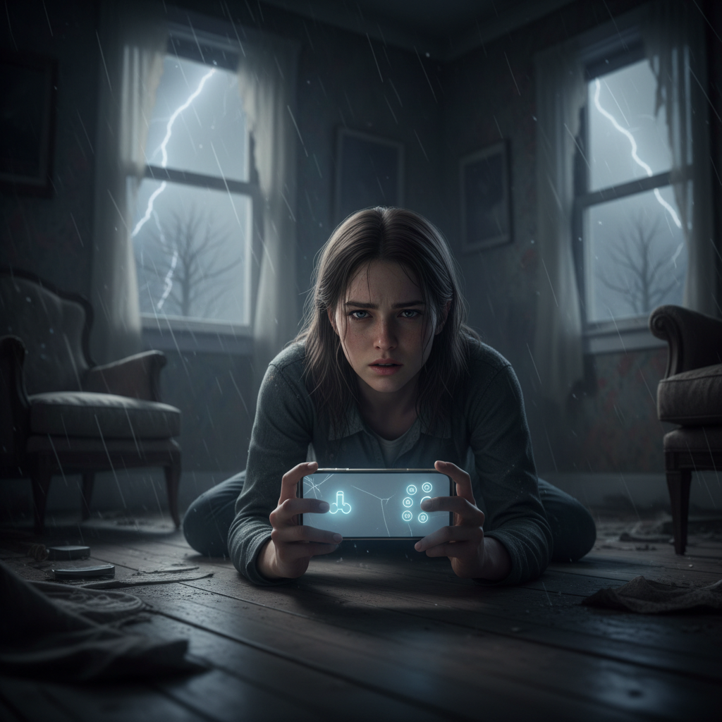 Cena de Unhinged Netflix, um jogo de terror narrativo onde a protagonista Ava está presa em uma casa escura durante um furacão, com elementos de suspense e controles via smartphone.