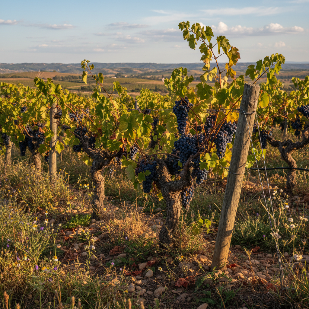 uvas estratégicas vinho — Cachos de uvas esquecidas e resilientes em uma vinha, simbolizando a nova era das uvas estratégicas