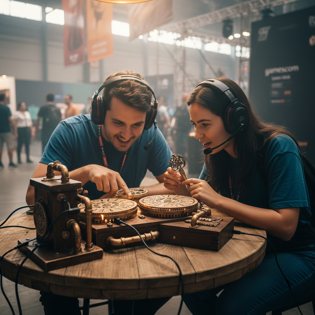 Dois jogadores com headsets em uma sala futurista, resolvendo um puzzle cooperativo em We Were Here Tomorrow, durante a gamescom latam 2026.