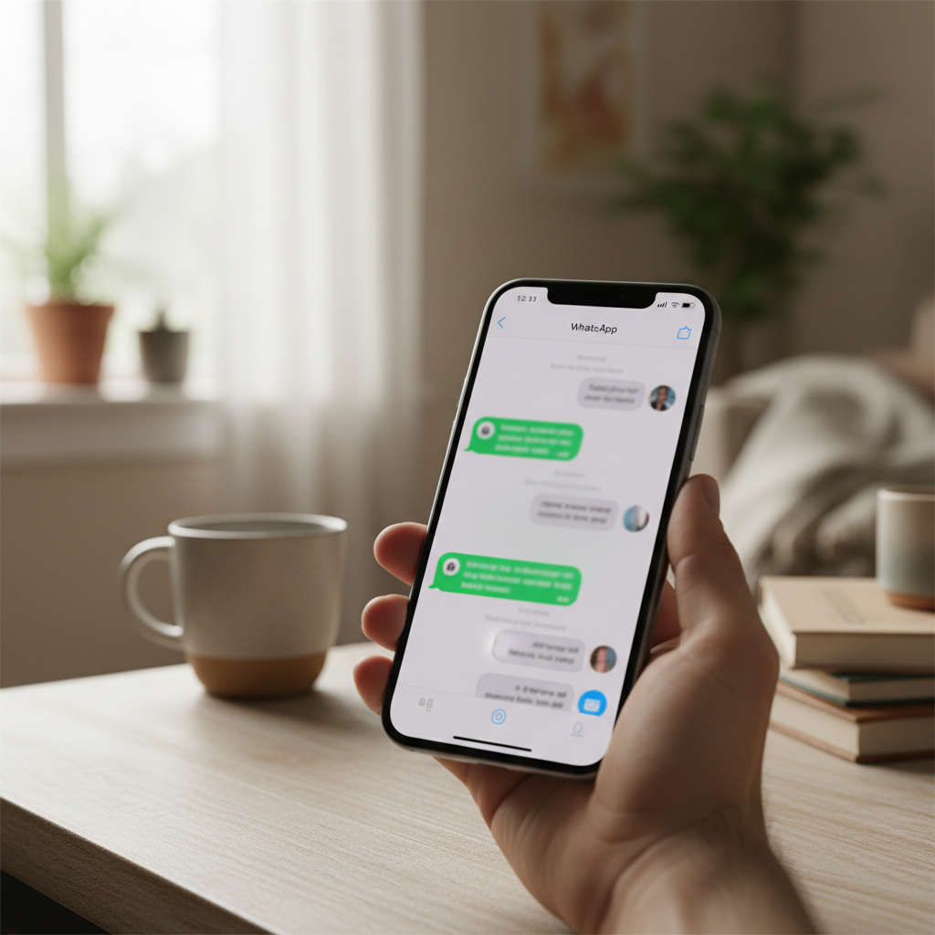 Captura de tela de um iPhone exibindo novas WhatsApp iPhone animações de balões de mensagens em uma conversa, com detalhes da interface moderna do aplicativo.