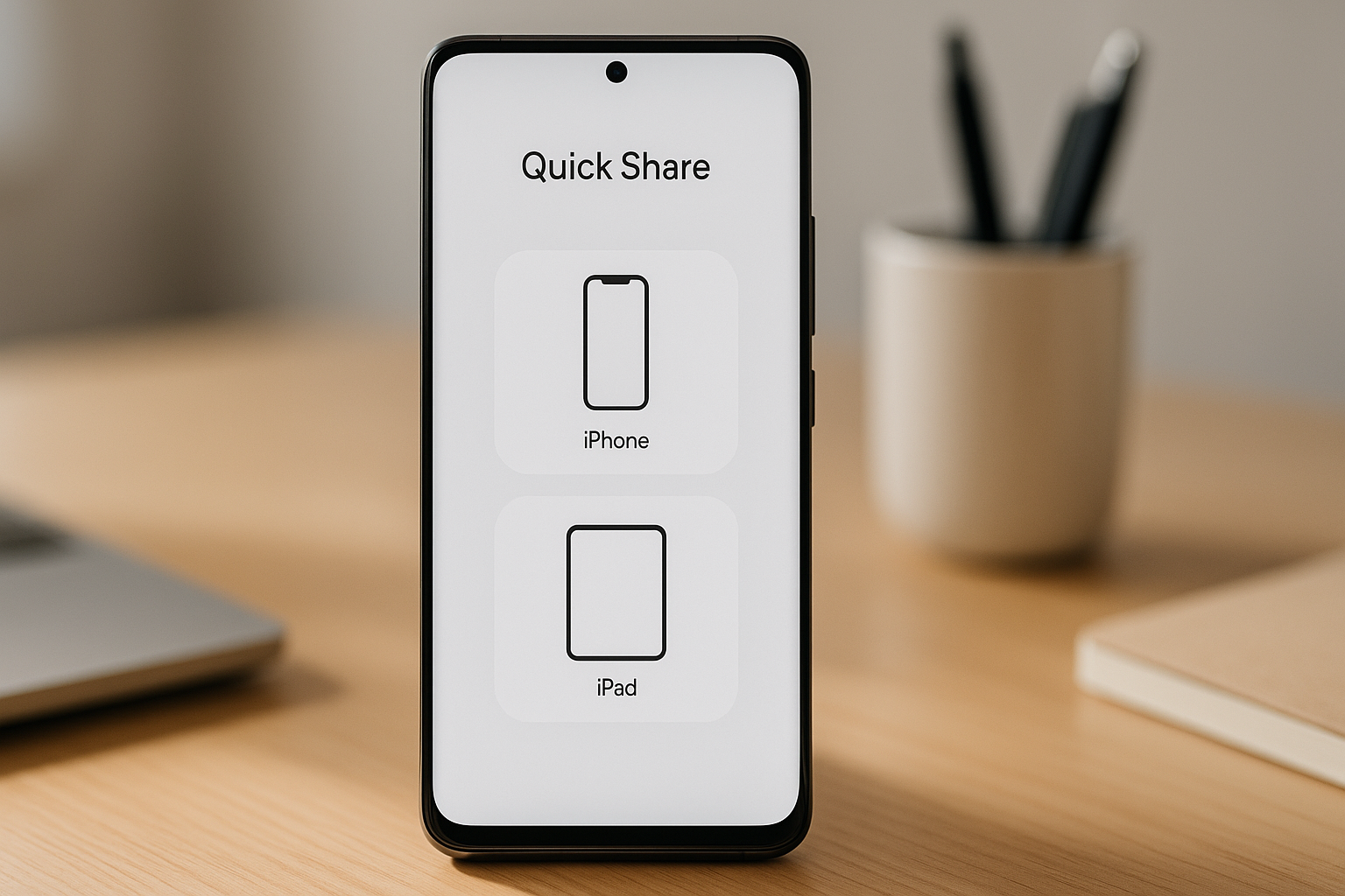 Smartphone Xiaomi com a tela de compartilhamento Quick Share, mostrando ícones de dispositivos Apple para o Xiaomi AirDrop.