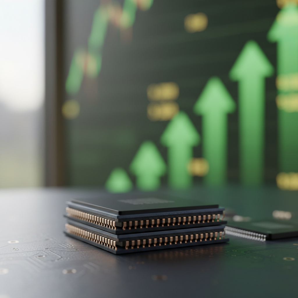 Chips de memória HBM de alta performance fabricados pela SK Hynix, simbolizando o sucesso das ações SK Hynix na Nasdaq impulsionado pela inteligência artificial.