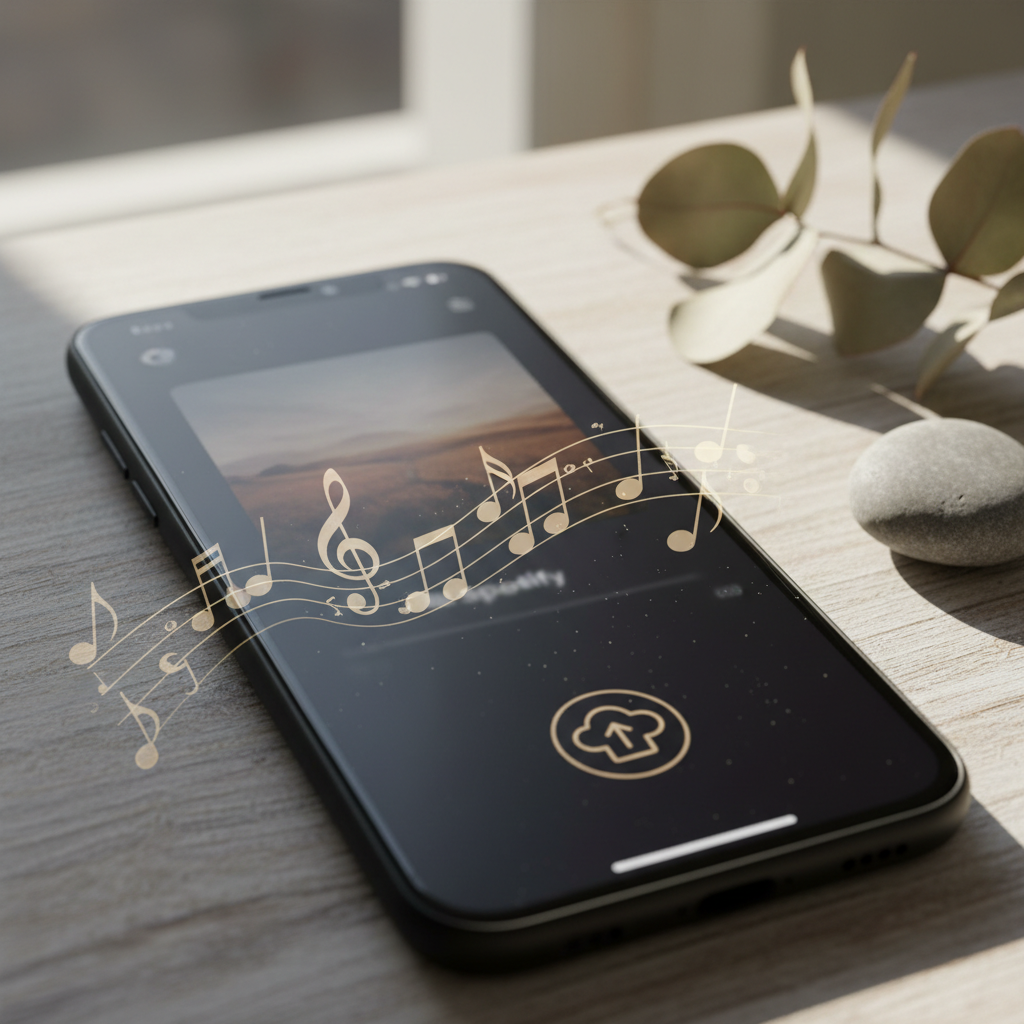 Smartphone exibindo o aplicativo Spotify, com ícones de música e upload, simbolizando o processo de como adicionar músicas no Spotify.