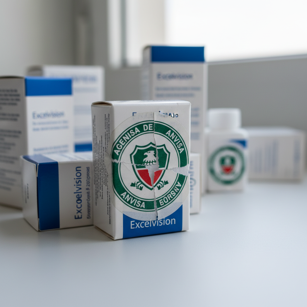 Anvisa proíbe Excelvision — Selo da Anvisa sobre embalagens de colírios da Excelvision, simbolizando a proibição e a importân