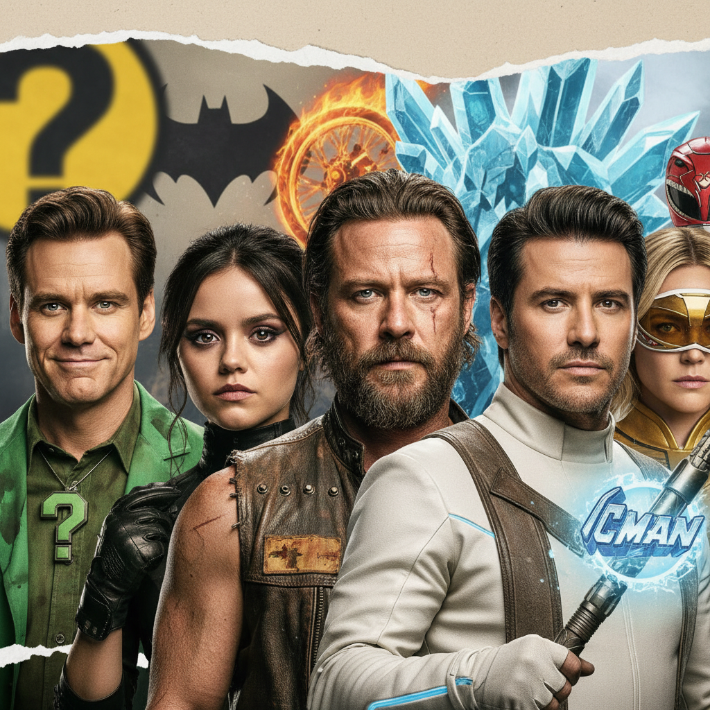 atores em filmes de super-heróis — Foto fotorrealista de diversos atores famosos, como Jim Carrey e Jenna Ortega, em represen