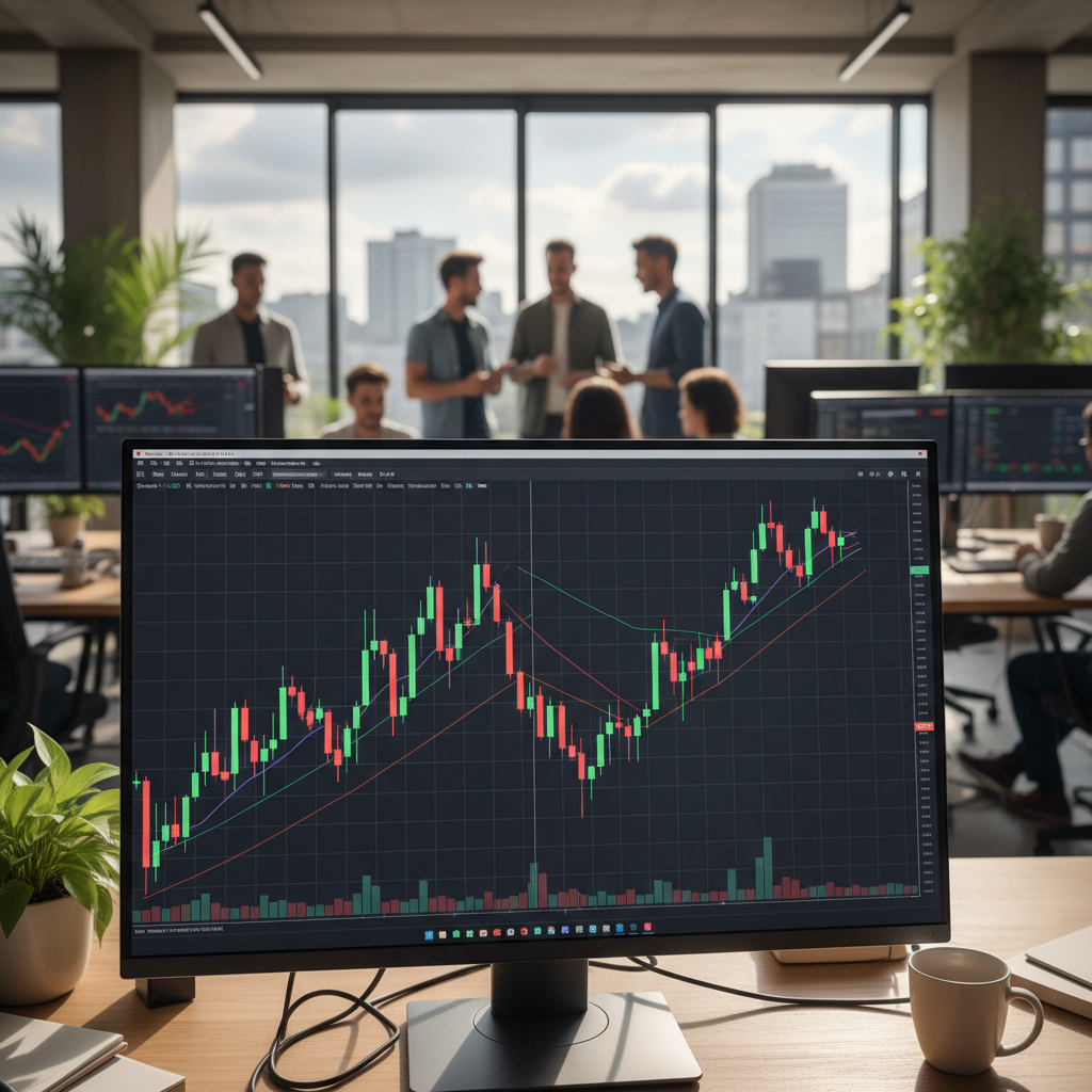 Gráfico fotorrealista de velas japonesas do Bitcoin em um monitor de computador com fundo desfocado de escritórios modernos, simbolizando os Bitcoin sinais de virada em um cenário econômico global.