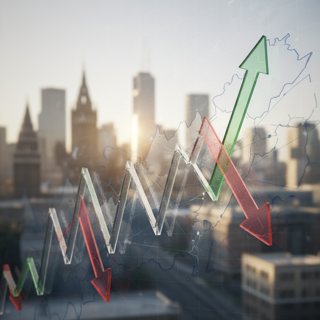 Gráfico financeiro com setas, simbolizando volatilidade externa e seu impacto na incerteza eleitoral.