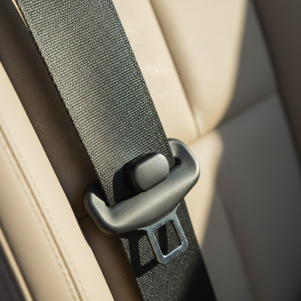 Detalhe do botão do cinto de segurança, mostrando sua posição estratégica para manter a fivela acessível e garantir a segurança veicular.