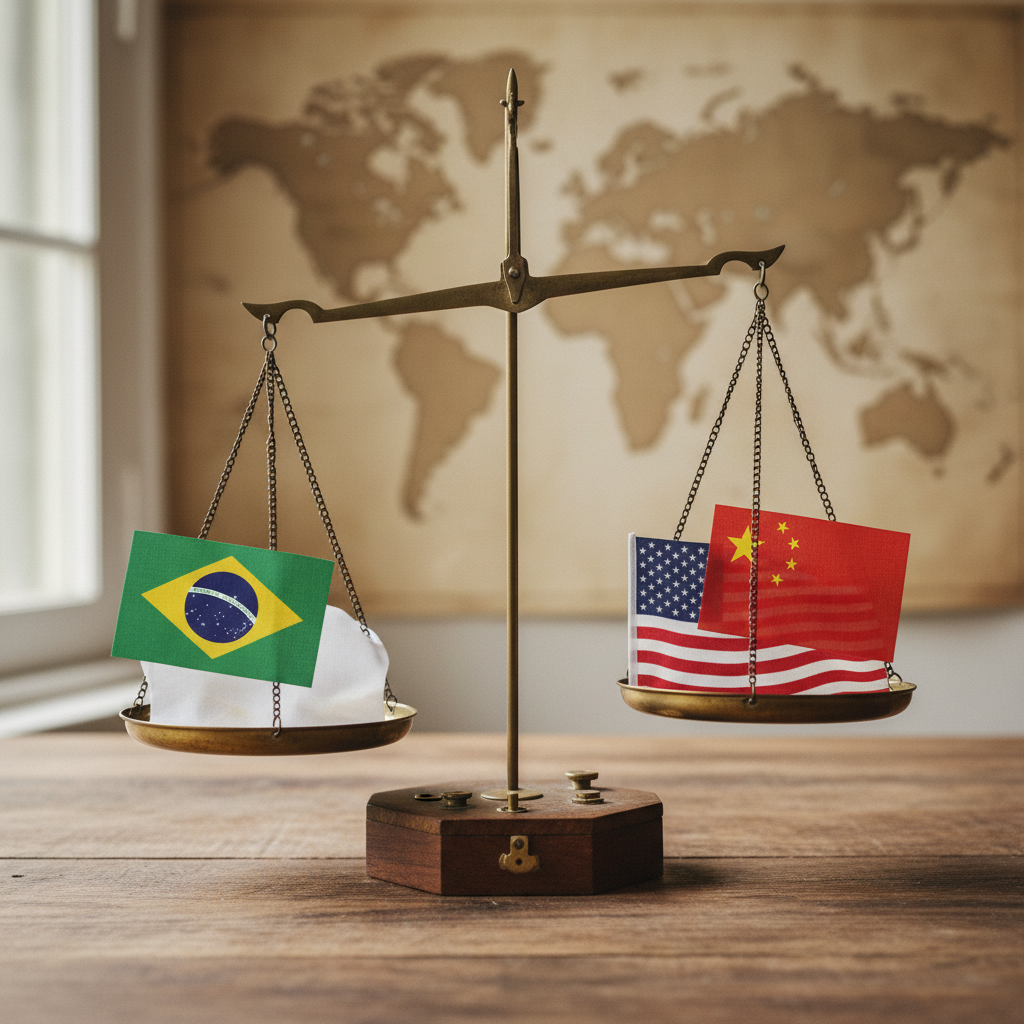 Brasil disputa EUA China — Ilustração de uma balança com as bandeiras do Brasil, EUA e China, simbolizando o complexo equilíb
