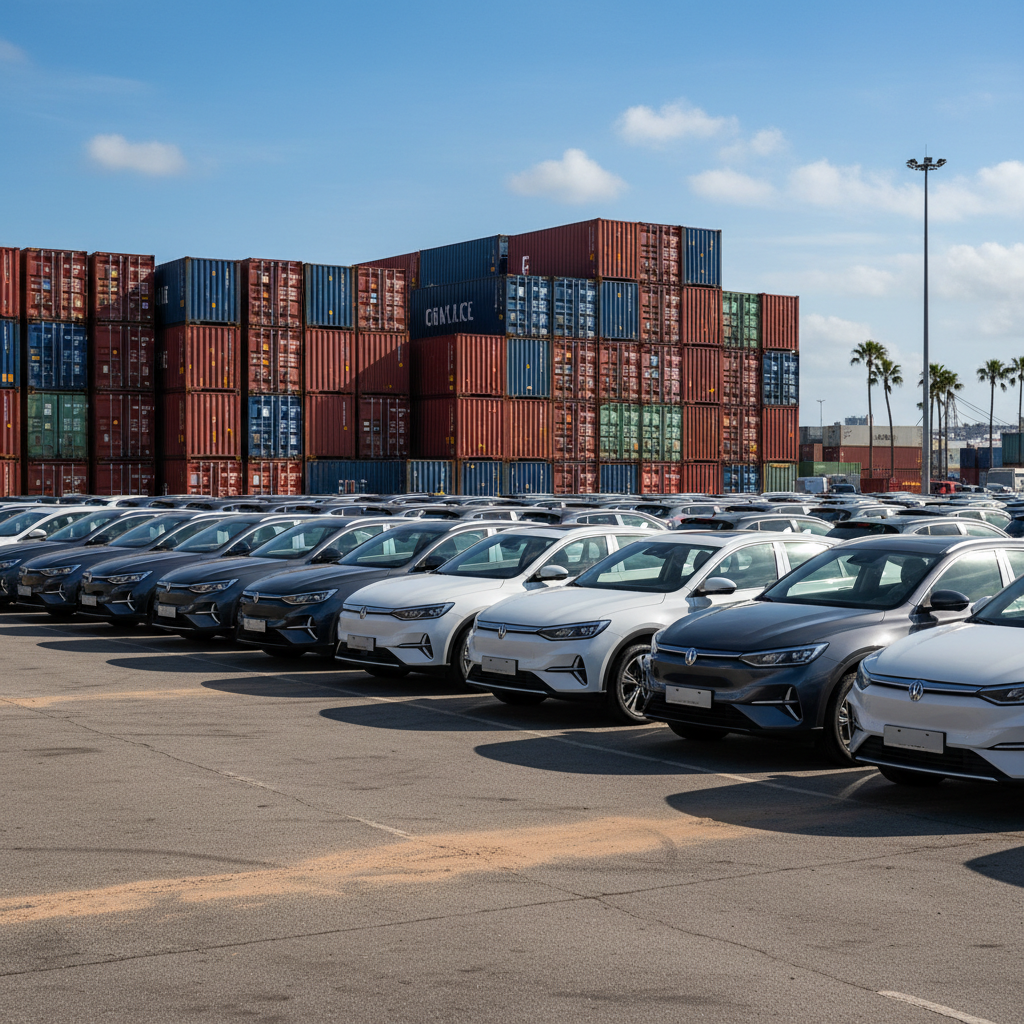 Frota de carros chineses, incluindo modelos eletrificados e SUVs, em um pátio de importação no Brasil, com containers ao fundo, ilustrando a crescente importação de carros chineses.