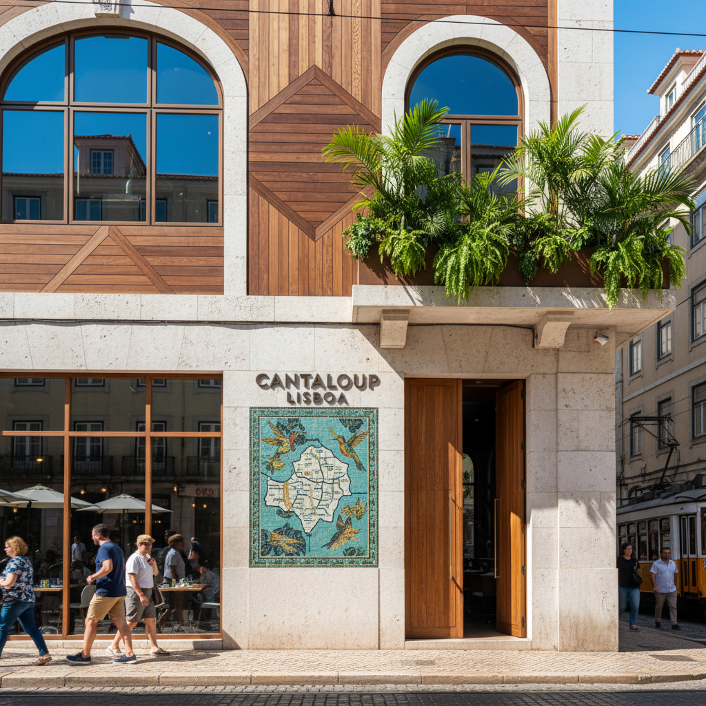 Fachada moderna e elegante do novo restaurante Cantaloup Lisboa em Portugal, destacando a fusão da cultura brasileira com o charme lisboeta.