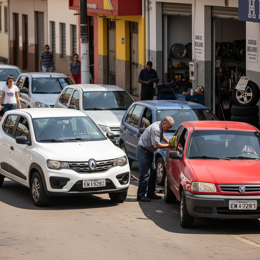 Visão panorâmica de vários modelos de carros populares, como Renault Kwid e Volkswagen Gol, exemplificando carros com manutenção barata no Brasil em 2026 e a busca por economia.