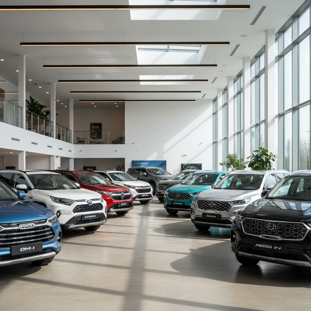 Visão panorâmica de diversos carros híbridos 2026 de diferentes marcas, estacionados em uma concessionária moderna.