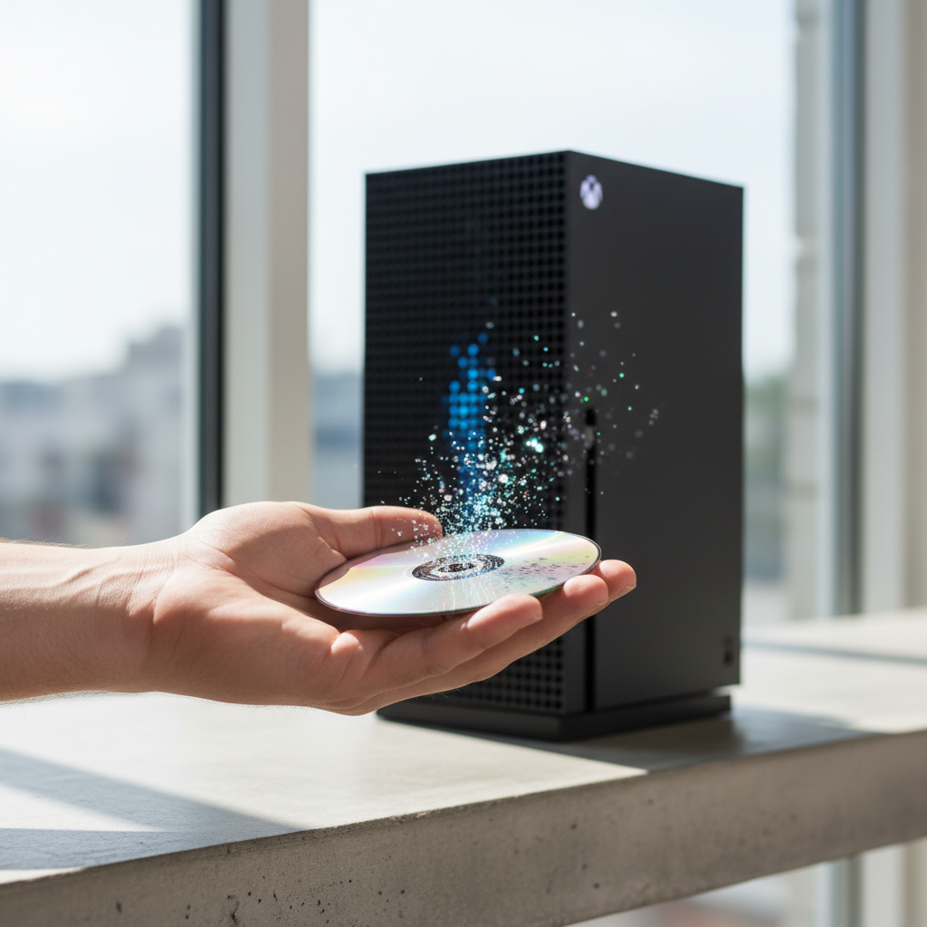 Mão segurando um disco de jogo Xbox com um console Xbox Series X ao fundo, ilustrando o conceito de converter jogos físicos Xbox para o formato digital.