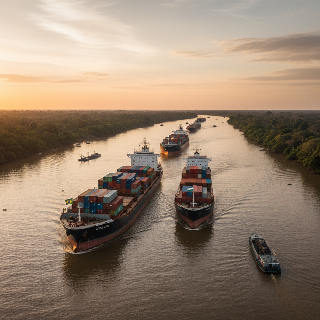 Vista aérea de navios de carga navegando em um rio largo, representando a Concessão Hidrovia do Paraguai e seu impacto no comércio regional.