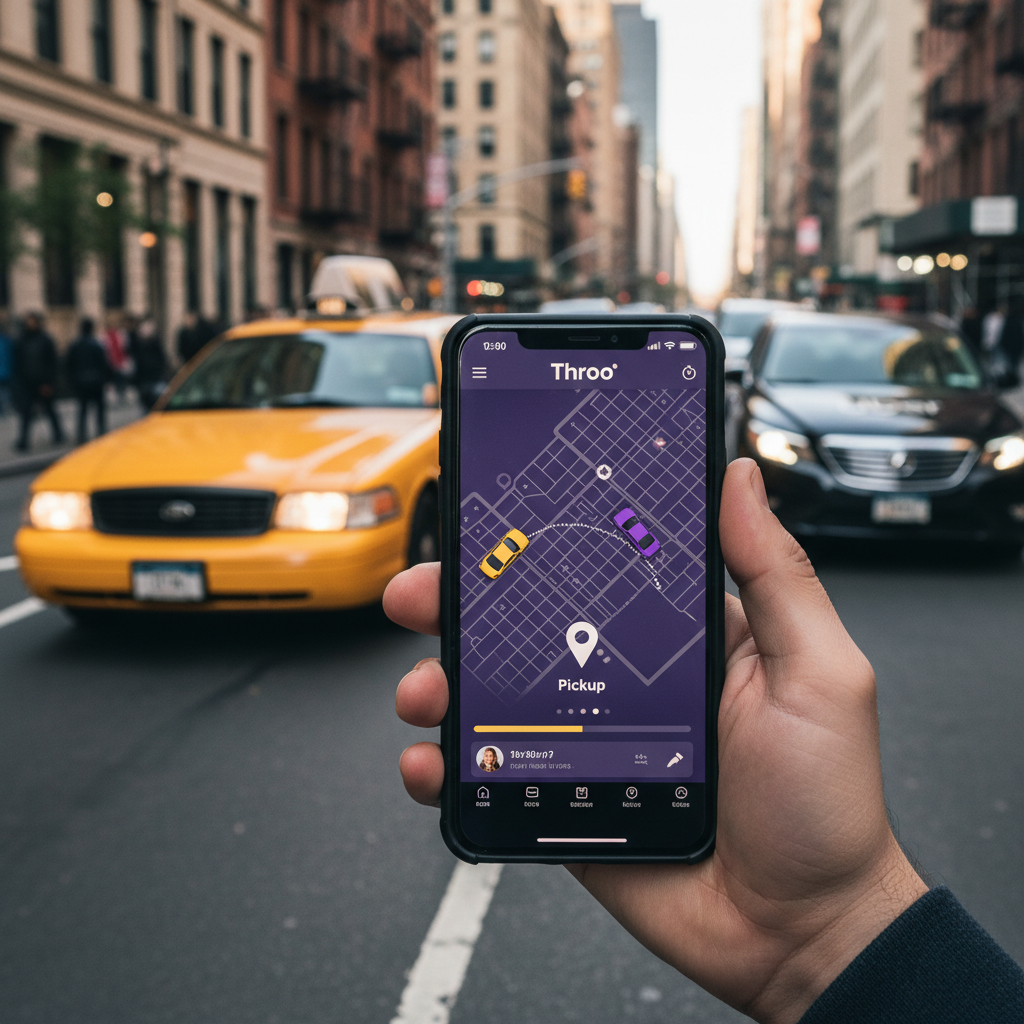 Smartphone com o aplicativo Throo em Nova York, táxis e carros de Uber/Lyft ao fundo, simbolizando a concorrência Uber Lyft Nova York.