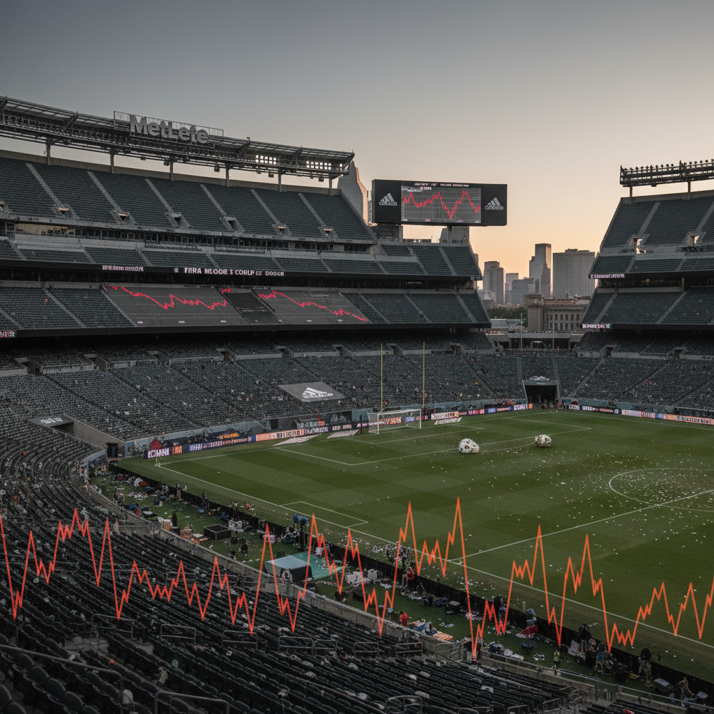 MetLife Stadium pós-final da Copa 2026, logo Adidas e gráficos financeiros em queda, simbolizando a derrota Adidas Copa do Mundo no mercado.