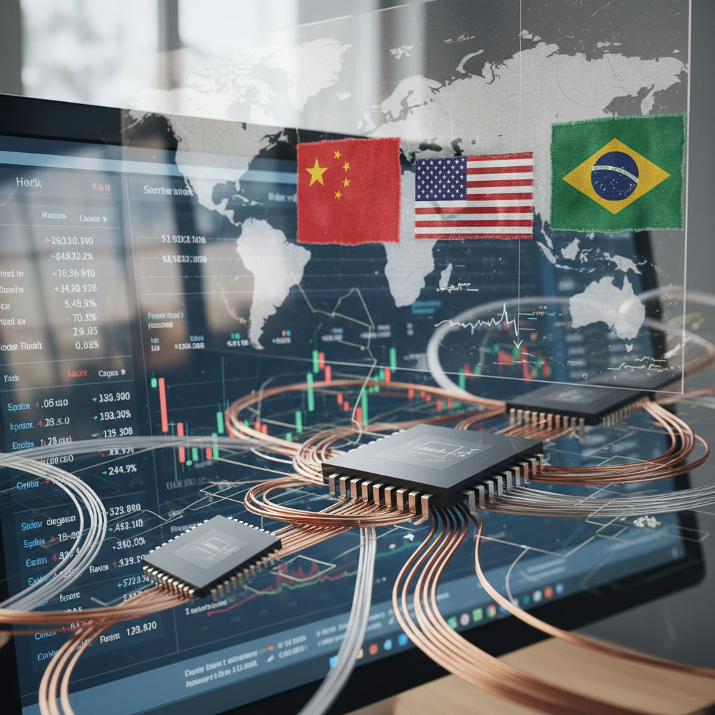 Gráficos financeiros em tela de computador, chips de semicondutores e bandeiras de países, simbolizando os desafios do mercado global, inovação tecnológica e geopolítica.