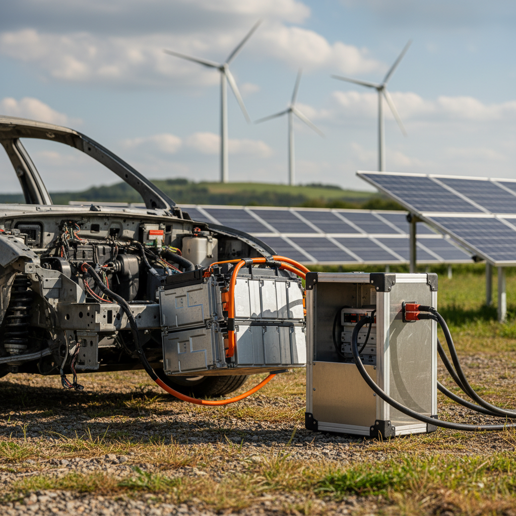 Representação da bateria carro elétrico vida útil, mostrando sua jornada desde o veículo até o reaproveitamento em sistemas de energia renovável.