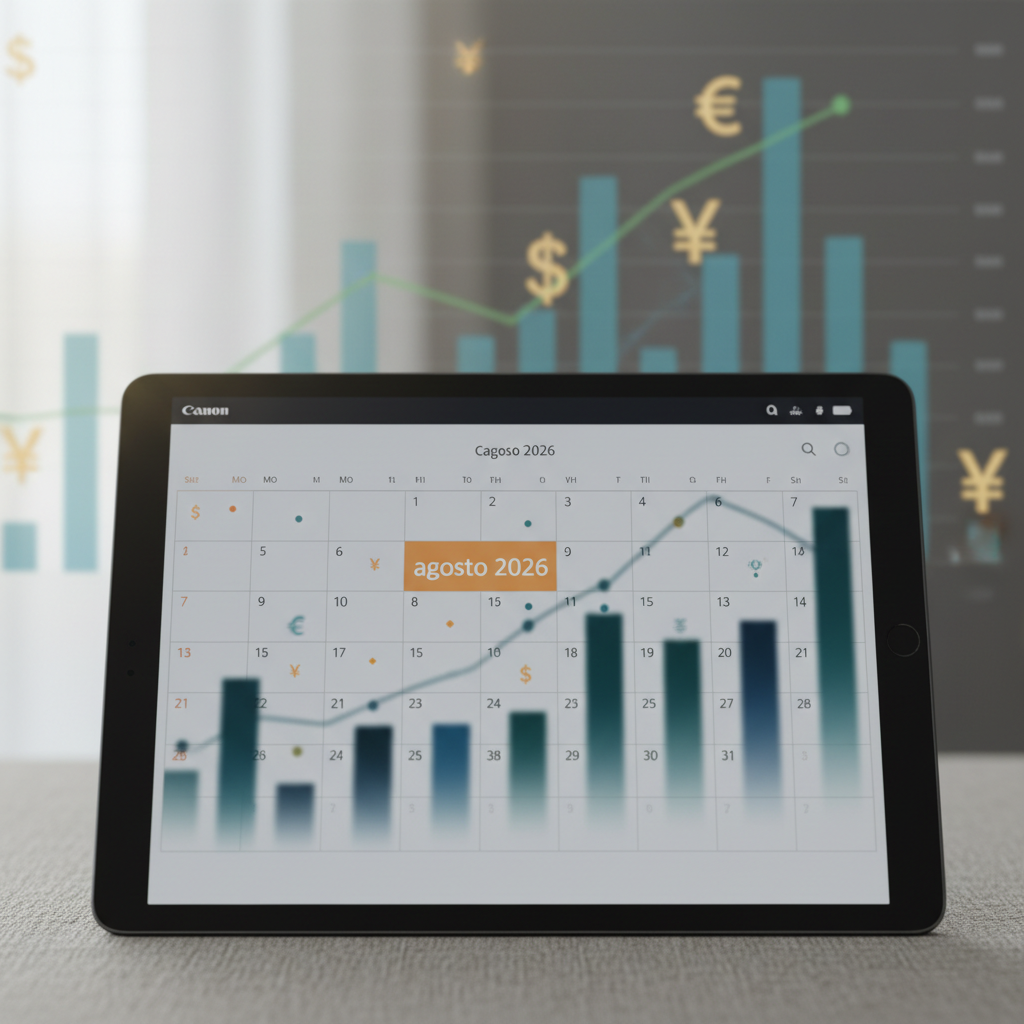 Calendário de pagamentos de dividendos JCP agosto 2026 exibido em um tablet, com gráficos financeiros e símbolos de dinheiro em foco suave ao fundo.