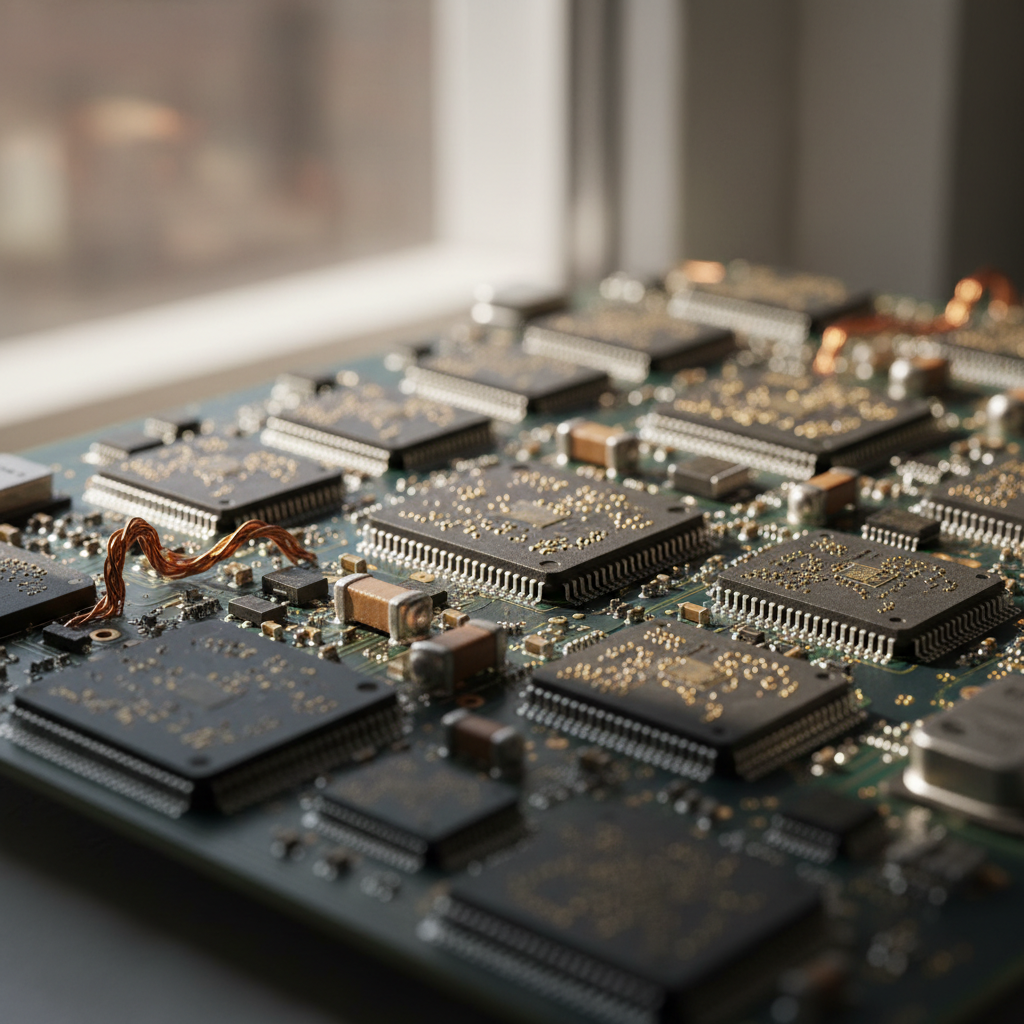 Chips de semicondutores em uma placa de circuito, representando a tecnologia por trás da carteira de BDRs Empiricus Semicondutores.