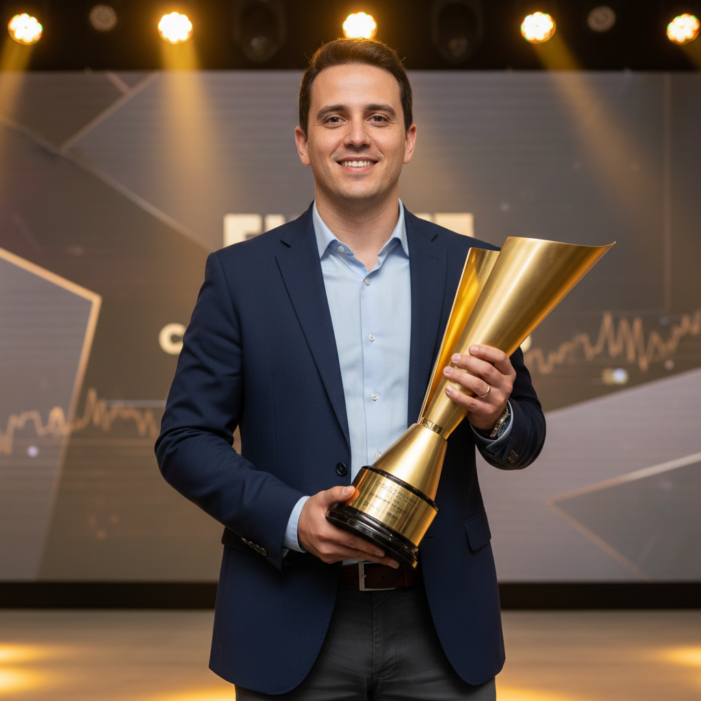 Danillo Ramos Duarte, ex-metalúrgico, sorri ao segurar o troféu da Copa BTG Trader 2025, simbolizando sua vitória e o prêmio milionário.
