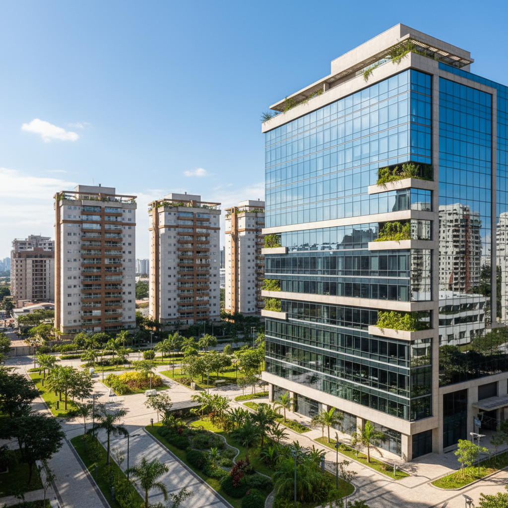 Imagem de prédios comerciais e residenciais, representando o setor de Fundos Imobiliários, com foco nas atualizações de RZTR11, HGRU11 e TRXF11.