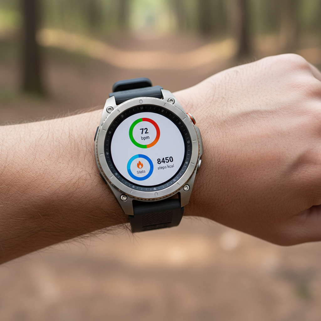 Detalhe do Galaxy Watch Ultra no pulso de uma pessoa, exibindo dados de frequência cardíaca com seu design robusto e tela vibrante, destacando o Galaxy Watch Ultra.