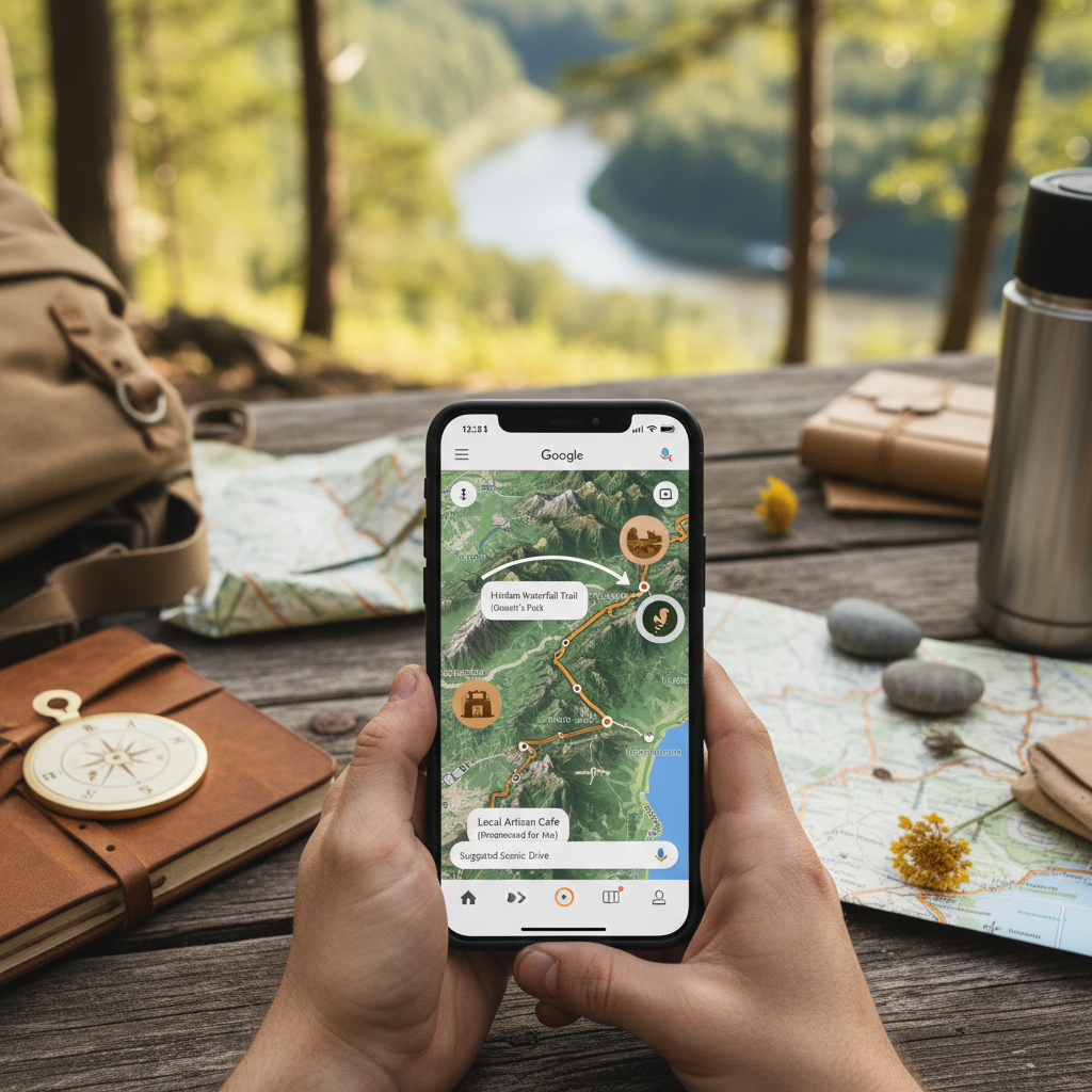 Google Maps IA personalizada — Smartphone exibe Google Maps com IA personalizada do Gemini, sugerindo rotas e pontos de inter