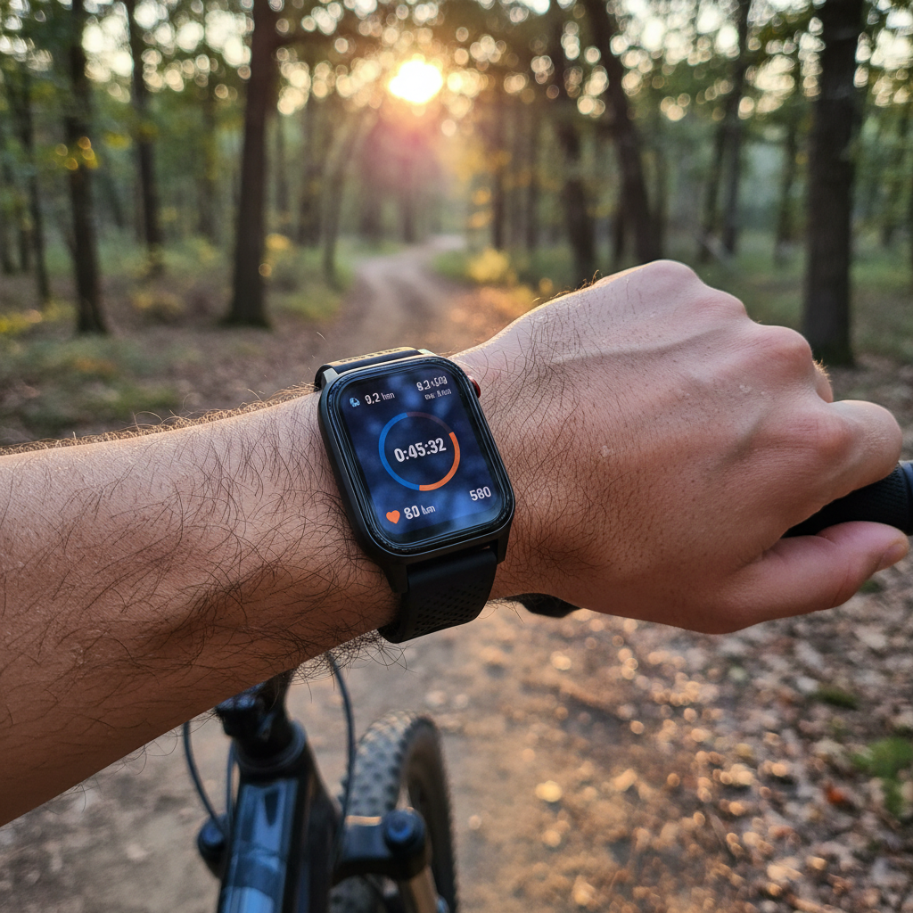 Imagem fotorrealista do Huawei Watch Fit 5 Pro em um pulso, exibindo sua tela AMOLED e design elegante durante um treino.