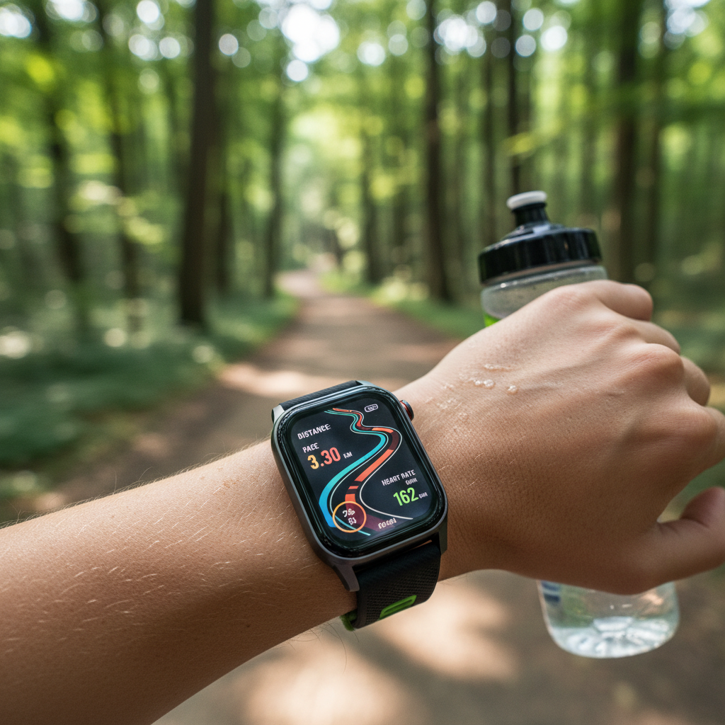 Imagem fotorrealista do Huawei Watch Fit 5 em um pulso, exibindo sua tela AMOLED vibrante e design leve durante uma corrida ao ar livre, destacando suas funcionalidades fitness.