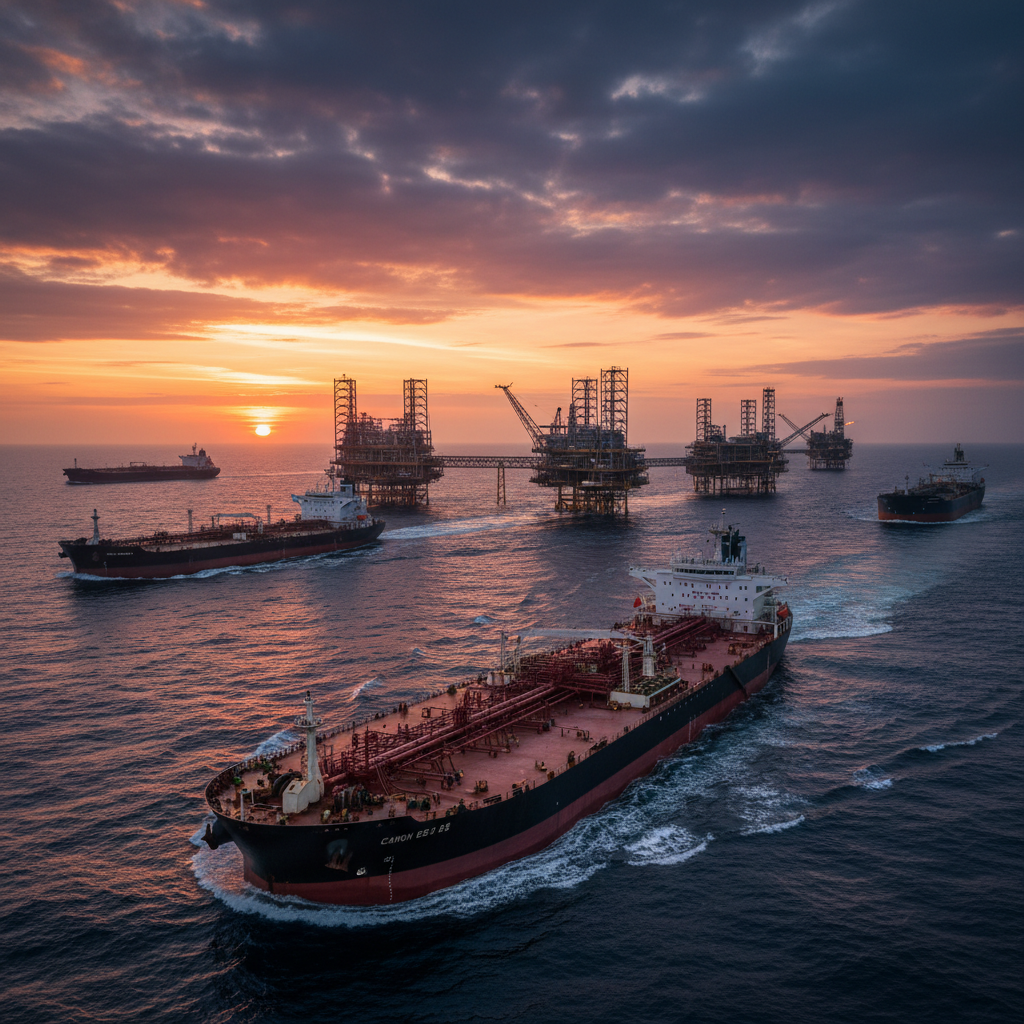 Navios petroleiros e plataformas de petróleo ao pôr do sol, simbolizando o impacto Petrobras petróleo nos resultados da estatal frente à geopolítica global.