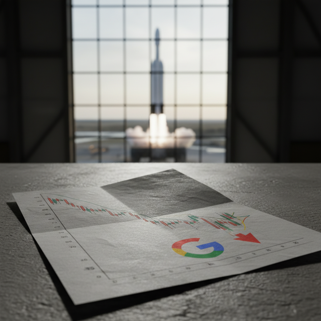 Gráfico de ações da Alphabet em queda, com um foguete da SpaceX ao fundo, ilustrando o impacto SpaceX Alphabet.