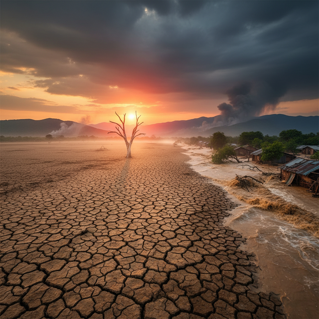 Representação dramática da intensificação do El Niño e seus efeitos sobre o clima global, simbolizando ondas de calor, secas e inundações extremas.