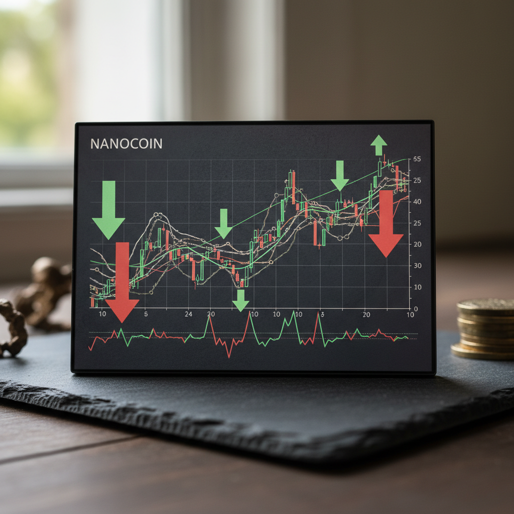 Representação visual de um gráfico de criptomoedas com setas de alta e baixa, simbolizando o investimento automatizado em nanocoins e a volatilidade do mercado.